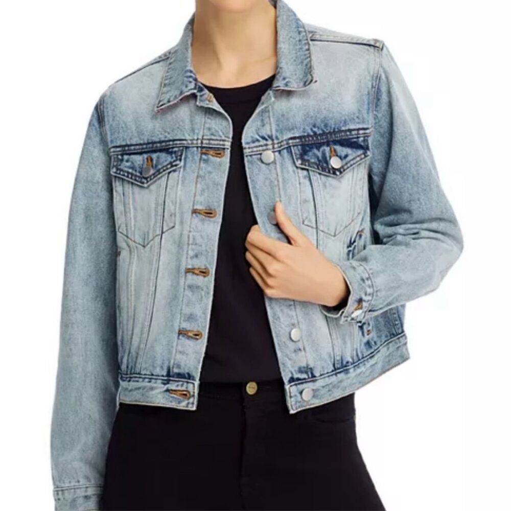 Aqua Womens Button Front Paisley Panel Trim Crop Trucker Denim Jacket Blue Small